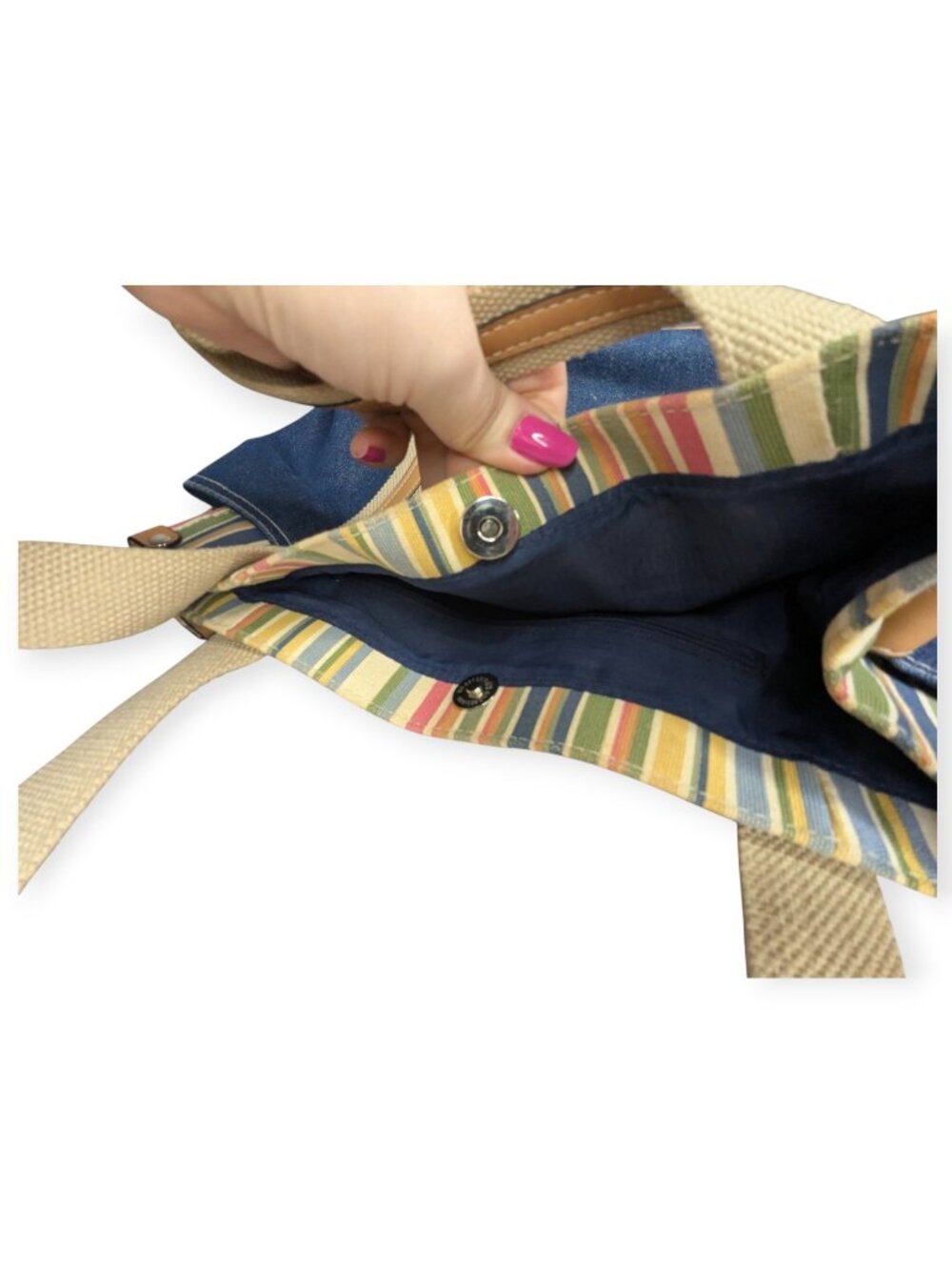 Denim & Tan Cotton Canvas Tote Multi-Stripe Trim Double Hand1es 3" x 9" x 5.5" - Picture 7 of 15